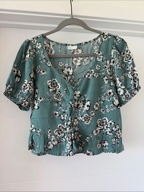 Abound Teal Floral Cinch-Front Puff Sleeve Blouse